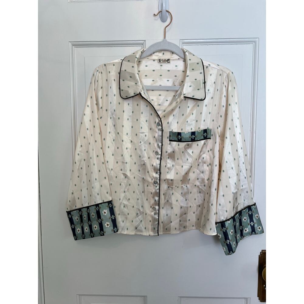 NEW Free People Pillow Talk Pajama Top Satin Cream Green 3/4 Sleeve Women's S